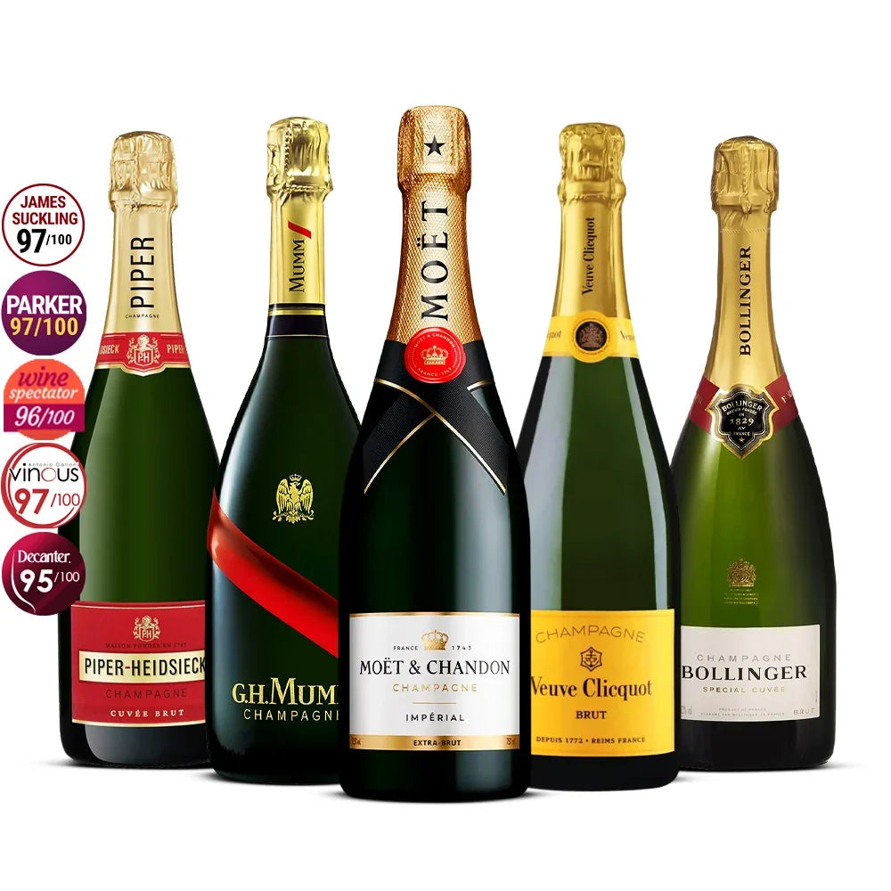 Selezione di 5 Champagne: Veuve Clicquot Brut, Moët & Chandon Impérial, Bollinger Special Cuvée, G.H. Mumm Cordon Rouge & Piper-Heidsieck Cuvée Brut 5x 750 ml